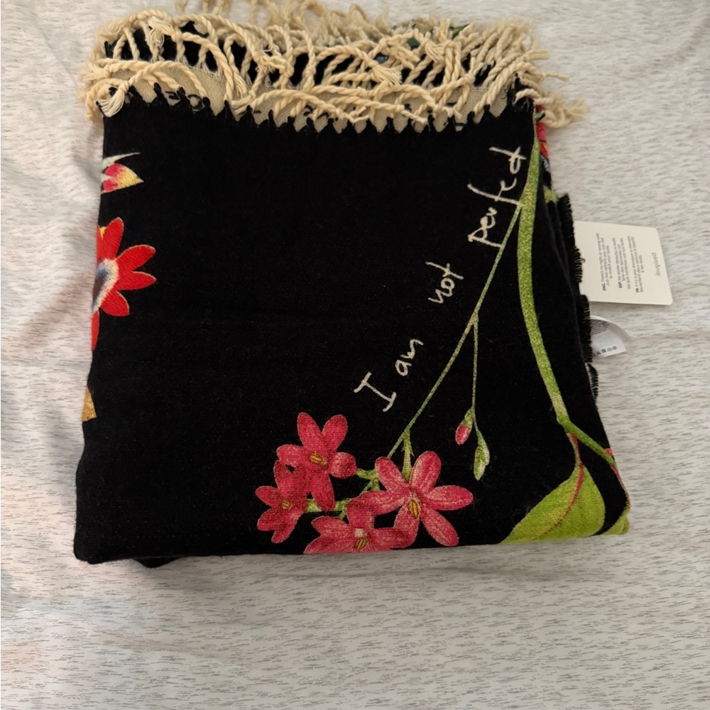 Desigual reversible Black and Cream floral Poncho with Fringe